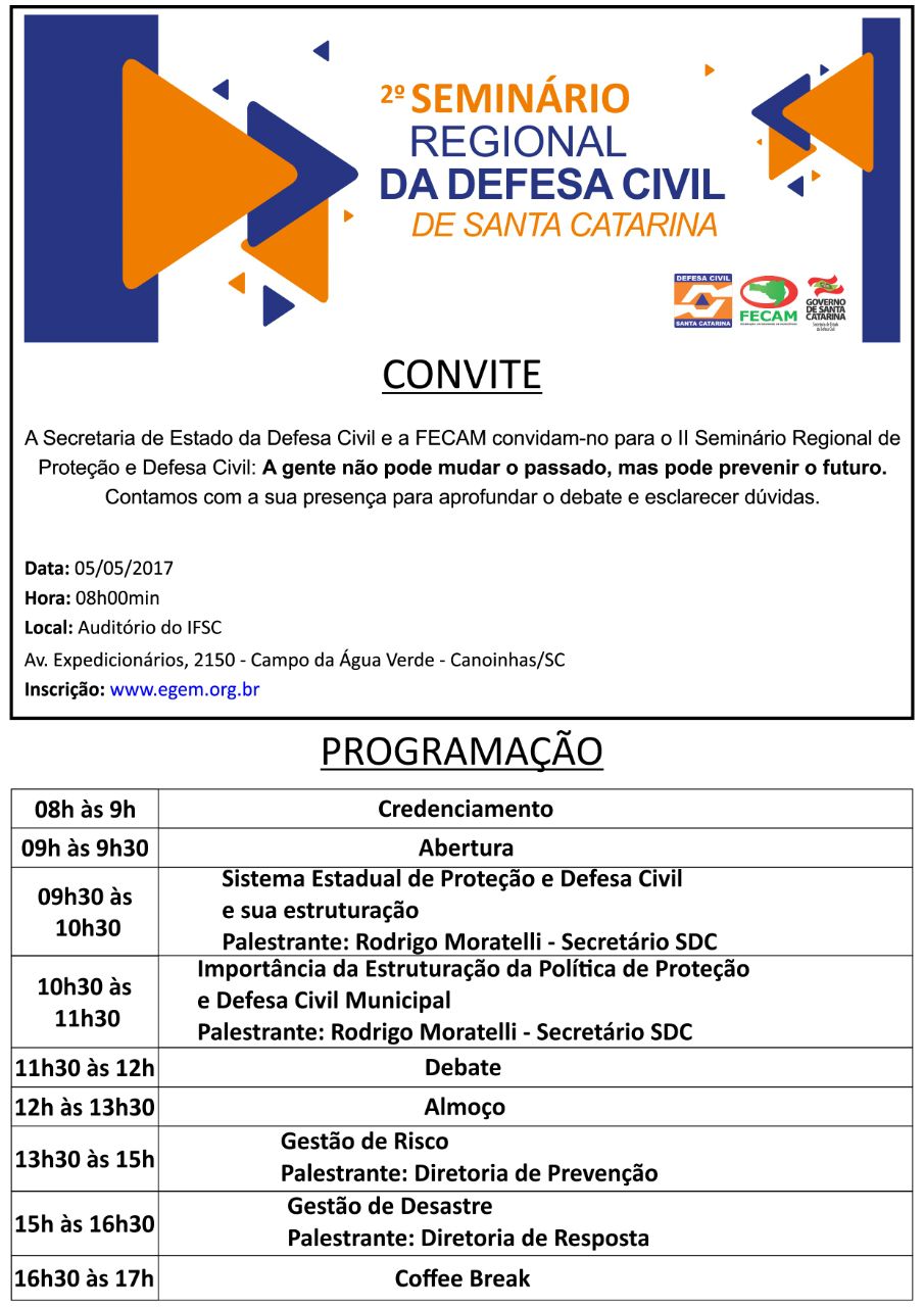 You are currently viewing 2º Seminário regional da Defesa Civil de Santa Catarina será realizado em Canoinhas