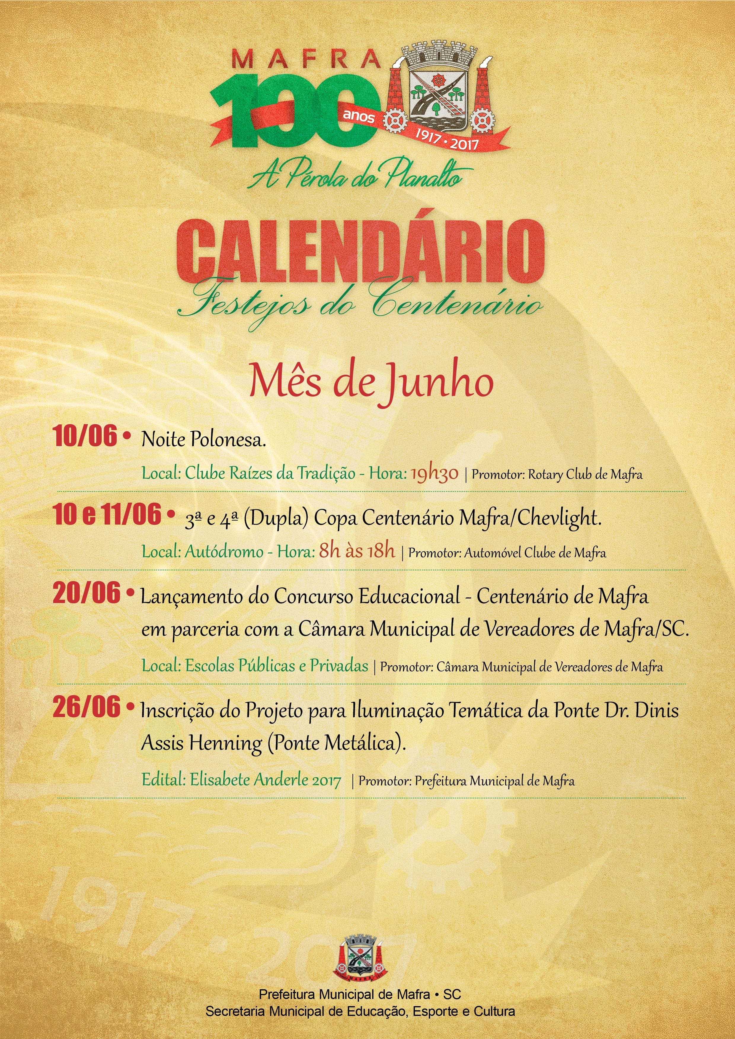 Read more about the article Mafra divulga calendário de eventos do Centenário relativo ao mês de junho