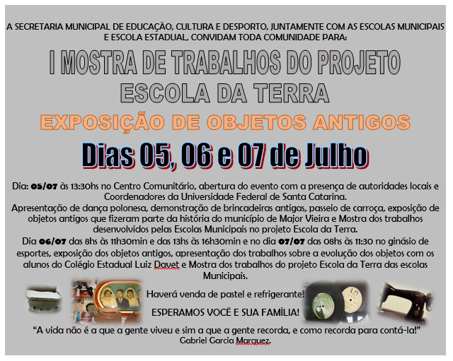 Read more about the article I Mostra de Trabalhos do Projeto Escola da Terra será em Major Vieira nos dias 5, 6 e 7 de julho