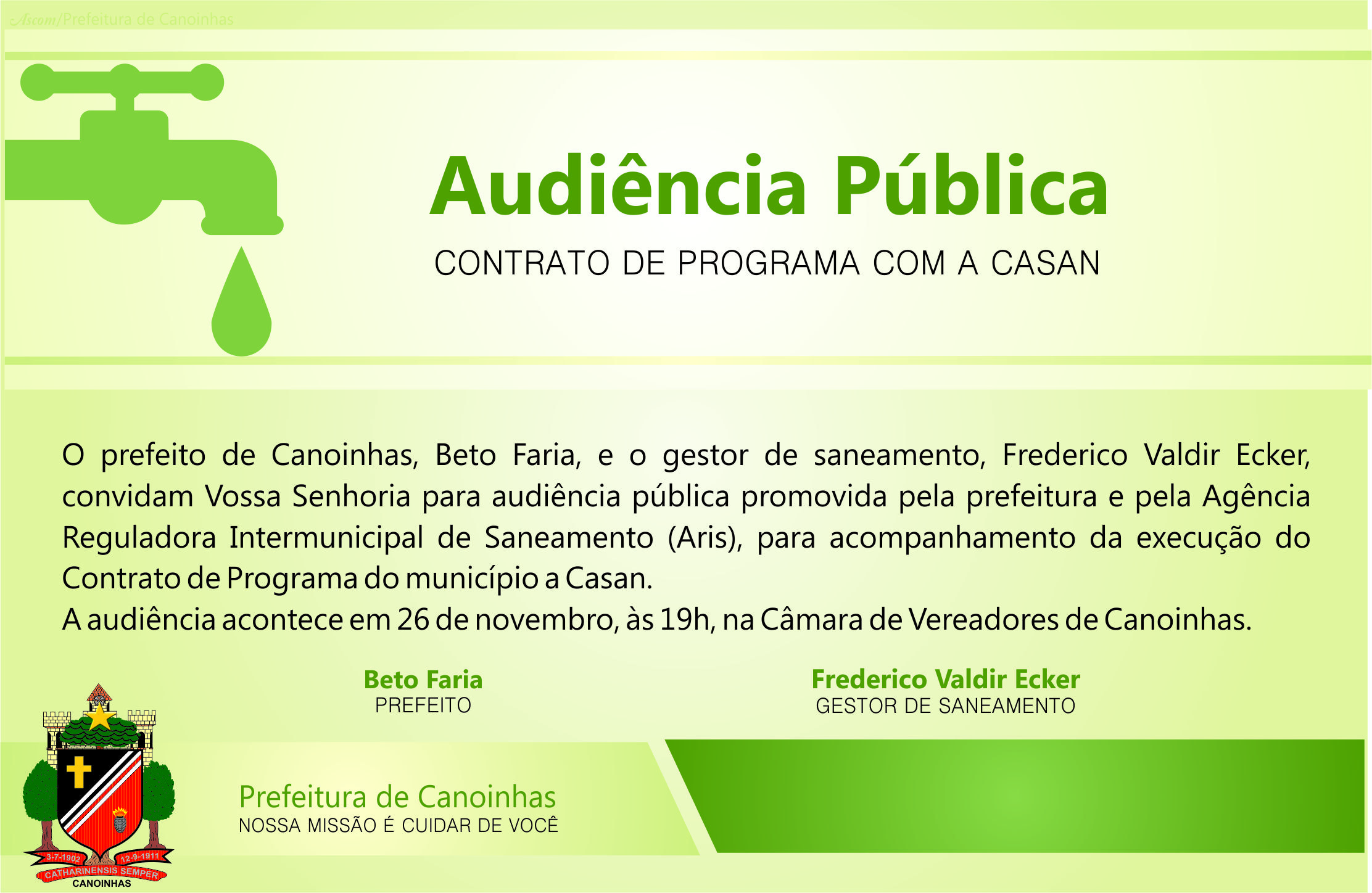 Read more about the article Contrato de programa com a Casan será discutido em audiência pública